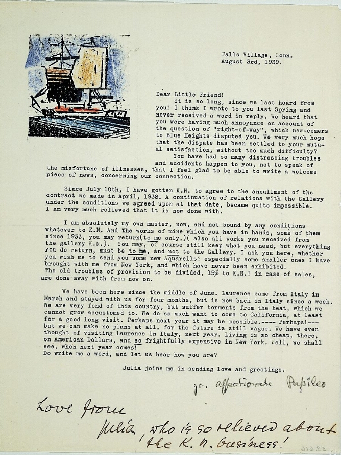 A typed letter with a handwritten closure. At the top left corner, a mixed media abstract print of a tan, brown and red two-masted ship against a blue sky