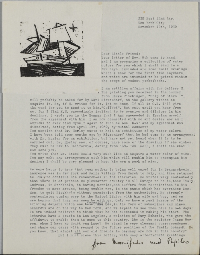 A typed letter with a handwritten closure. At the top left corner, a black and white abstract print of a two-masted ship and a star