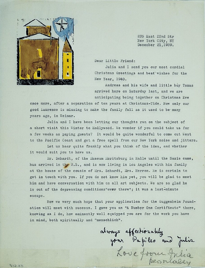 A typed letter with a handwritten closure. At the top left corner, a mixed media abstract print of brown and yellow buildings with triangular roofs and a star circled in blue