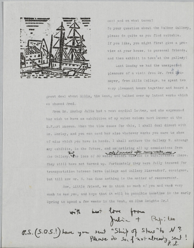 A typed letter with a handwritten closure. At the top left corner, a black and white abstract print of ships with triangle sails at a harbor with buildings