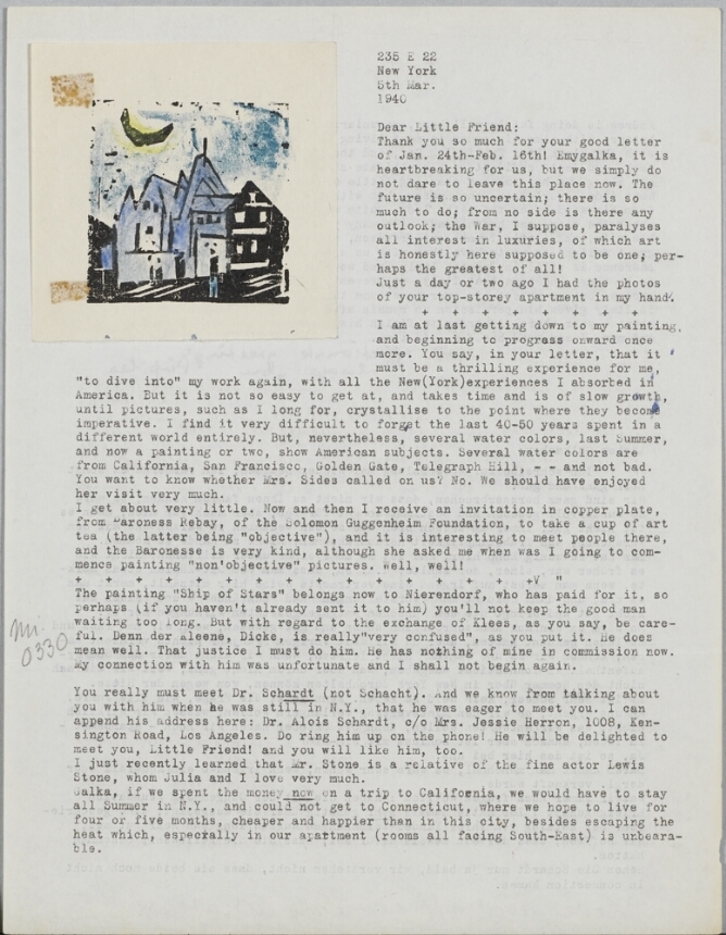 A typed letter with a mixed media print in the top left corner of blue and black buildings under a greenish-blue sky with a black crescent moon highlighted in yellow