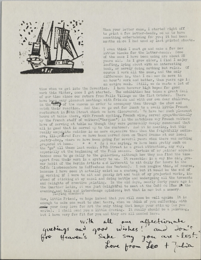 A typed letter with a handwritten closure. At the top left corner, a black and white abstract print of a three-masted ship with dots in the sky