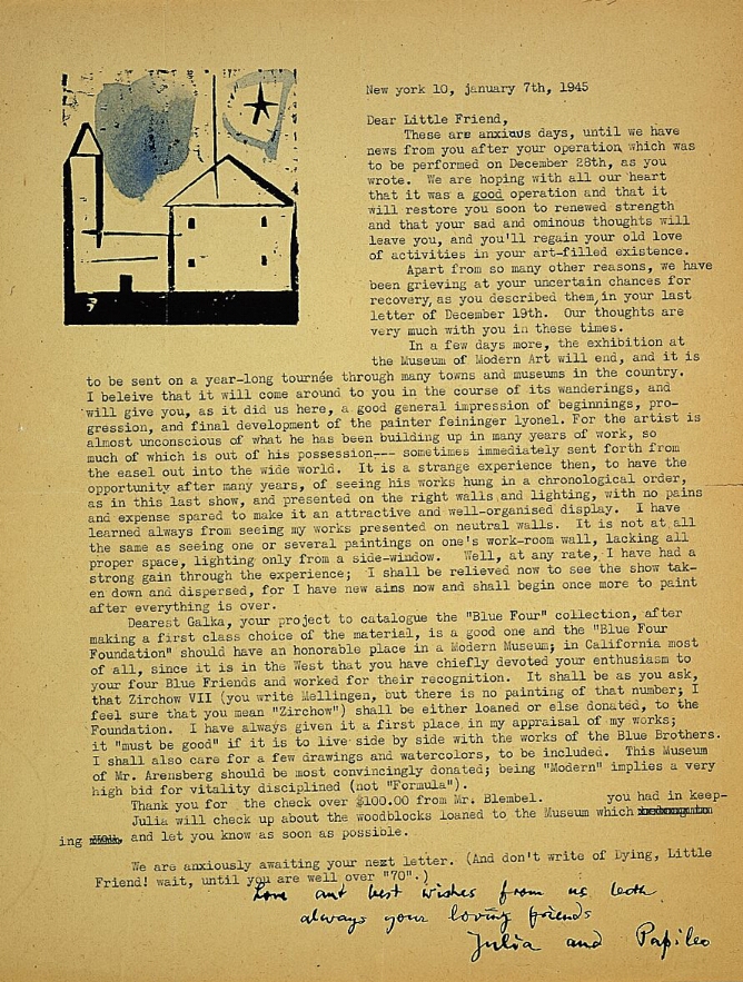 A typed letter with a mixed media abstract print in the top left corner of a black church and a star with a wash of blue for the sky and the star circled in blue