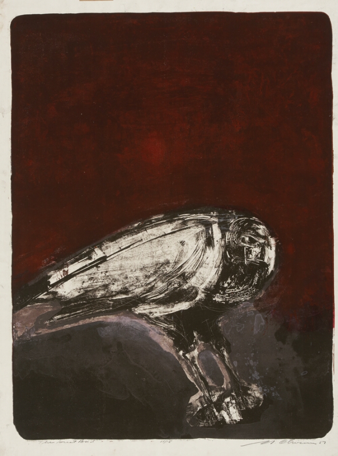 An abstract print of a standing black and white bird facing the viewer against a dark red and black background
