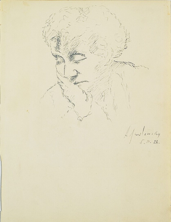 A drawing of a woman with closed eyes, resting her head in her hand, shown from the shoulders up, with dark blue shading