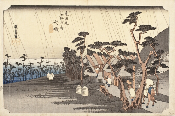 A color print of figures on a path, one on horseback, approaching a village in the rain. To the viewer's left, trees line the edge of a field with a view of the sea beyond