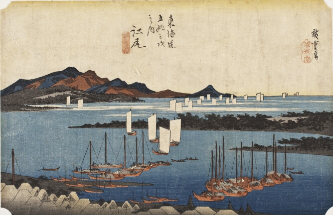 A color print of boats in a bay with a strip of land in the middle and mountains in the distance