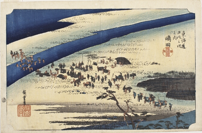 A color print showing a bird's eye view of figures crossing a field and a river, some carrying parcels while others transport figures in covered seats