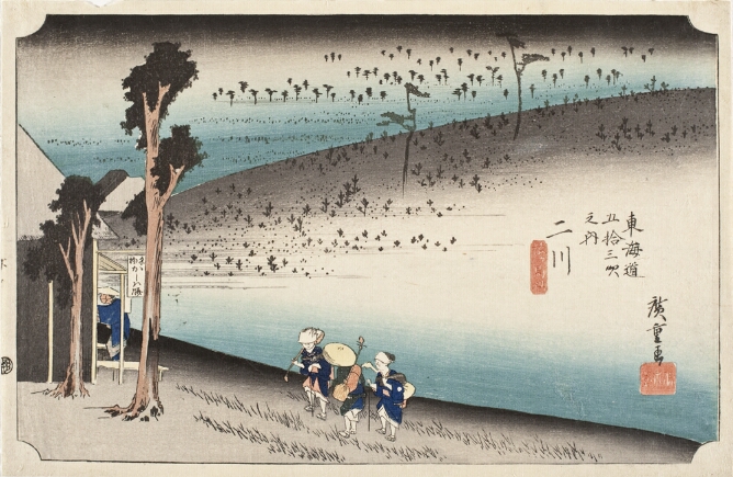 A color print of three figures with musical instruments walking up a slight incline of a field towards a shop where another figure sits. Beyond, a slope dotted with sprouts