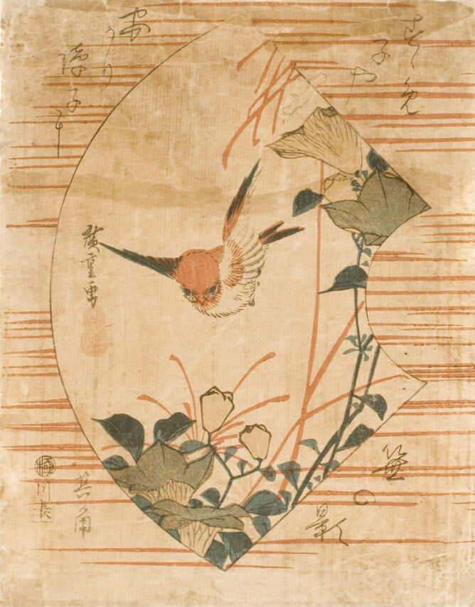 A color print of a bird flying between bellflowers within a sideways fan-shaped border