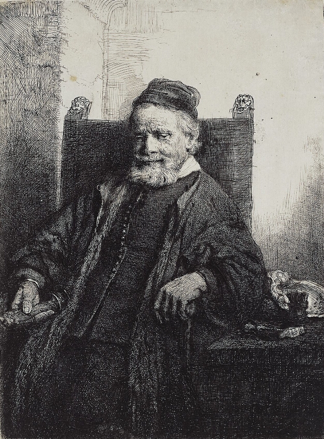 A black and white half-length portrait of an older bearded man wearing a cap sitting in a chair, holding a candlestick, next a desk with a hammer and a bowl