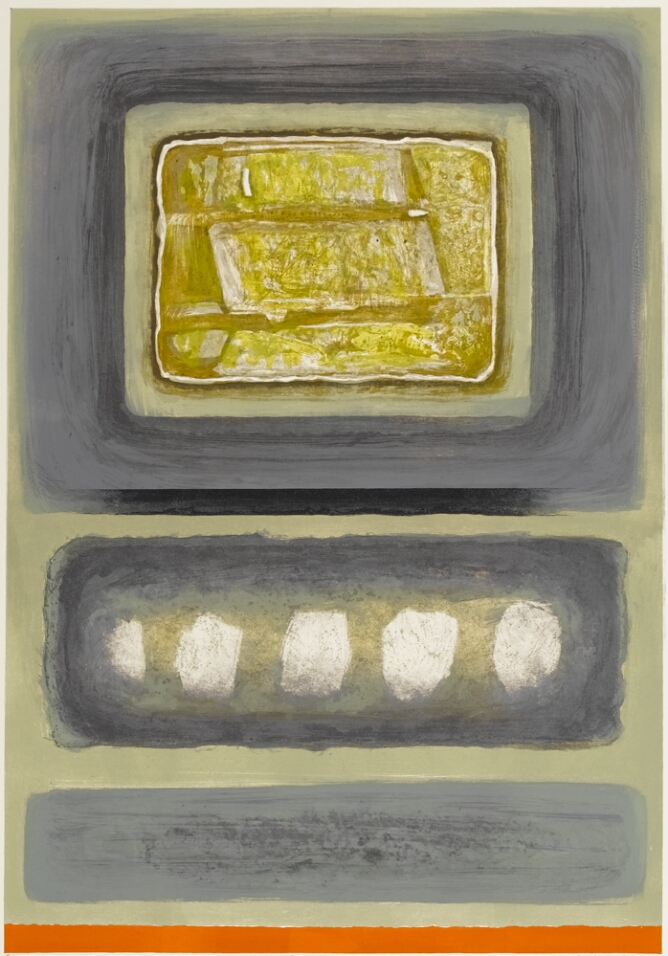 An abstract print of three vertically arranged gray rectangles increasing in width. The larger top rectangle contains textured gold bars, the second contains white circular forms in a row, while the third is plain gray