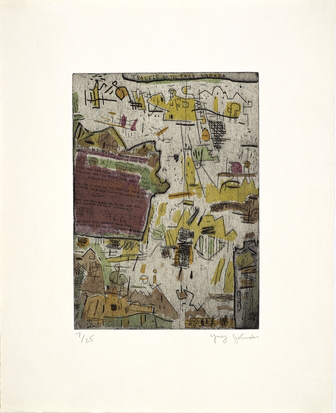 An abstract print of sketches resembling elements from nature and architecture colored in yellow, green and brown. A swatch of purple in a black border with a handwritten poem to the viewer's left