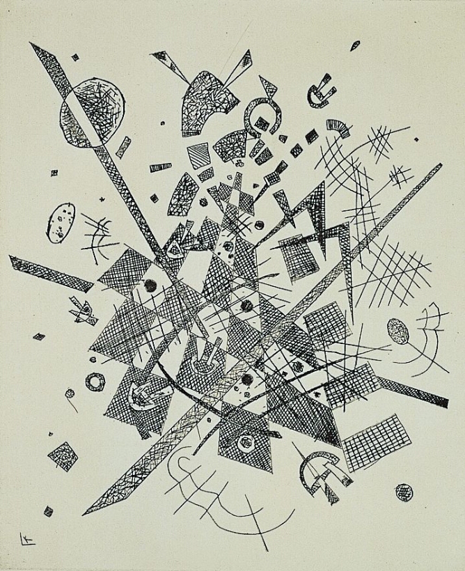A black and white abstract print of a floating checkerboard fading into a vanishing point, surrounded by orbiting shapes