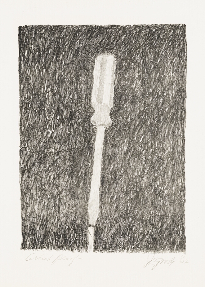 A black and white print of a white screwdriver against a dark sketchy background