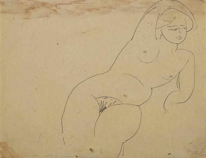 An abstract drawing of a nude woman lying in frontal view shown from the thighs up