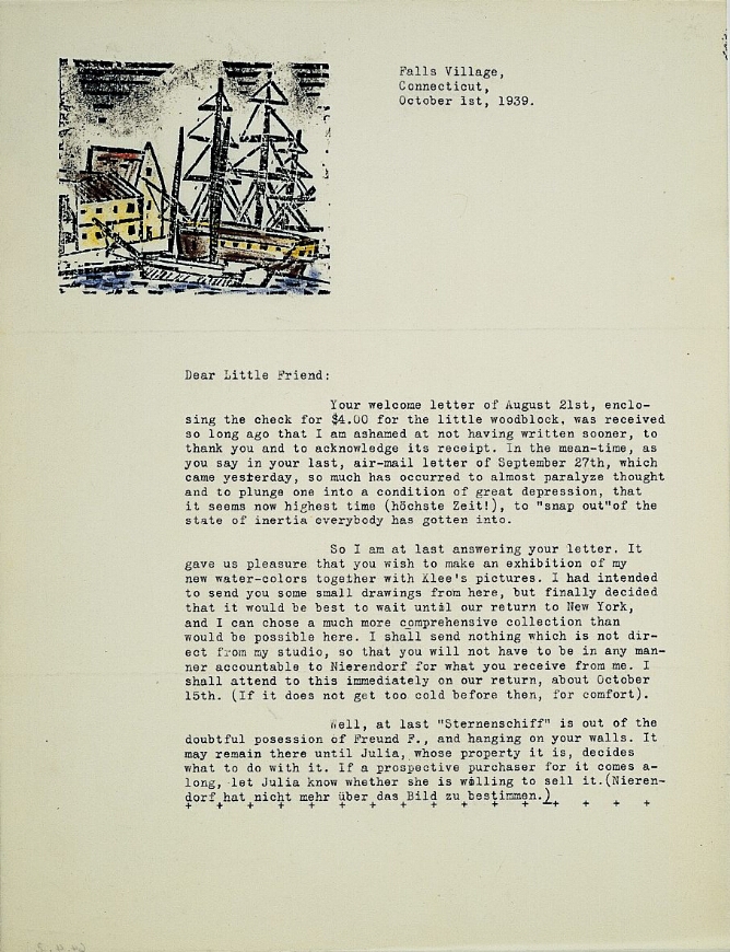 A typed letter with an abstract color print in the top left corner of a ship with triangle sails docked next to another boat by buildings
