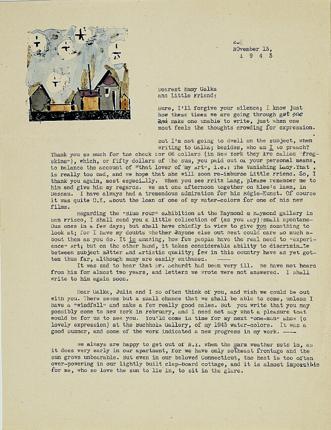 A typed letter with an abstract mixed media print in the top left corner of gray and brown buildings under a blue sky with black stars