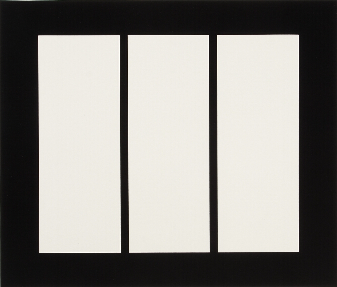 An abstract print of three thick, vertical white bars against a black background