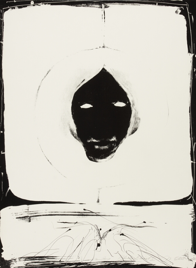 An abstract print of a face in solid black with white pupils, within a faint circle against a white background