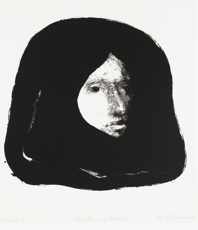 An abstract print of a white face emerging from a black organic-shaped background