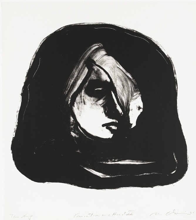 An abstract print showing a partial white face against a black organic-shaped background