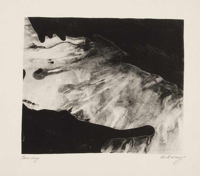 An abstract print featuring a wash of gray and white between broad areas of black in the top right and bottom left corners