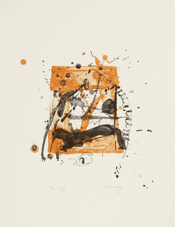 An abstract print of black drips and splatters over broad strokes of orange forming a square-like shape