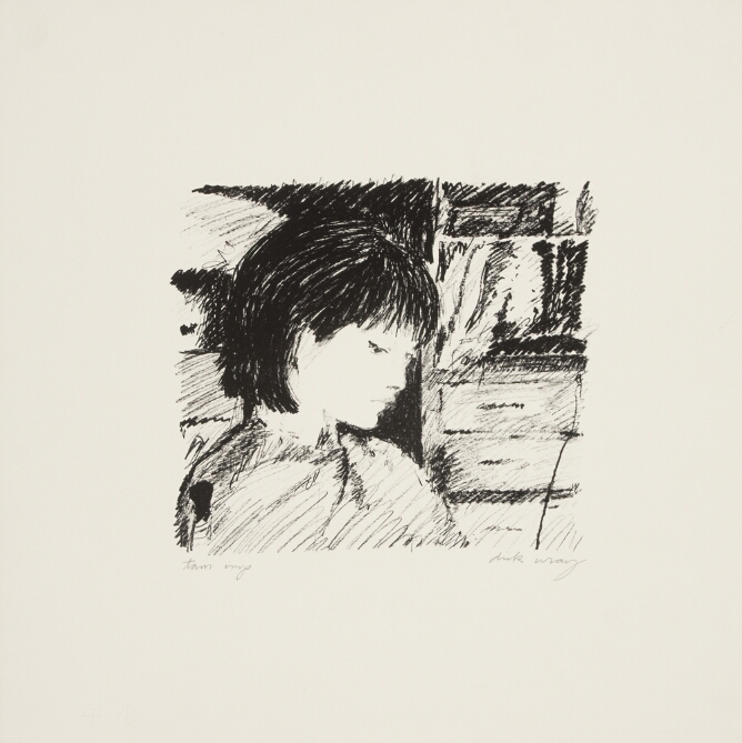 A black and white print of a young woman with short hair in a three-quarter view looking down, shown from shoulders up, using sketchy lines