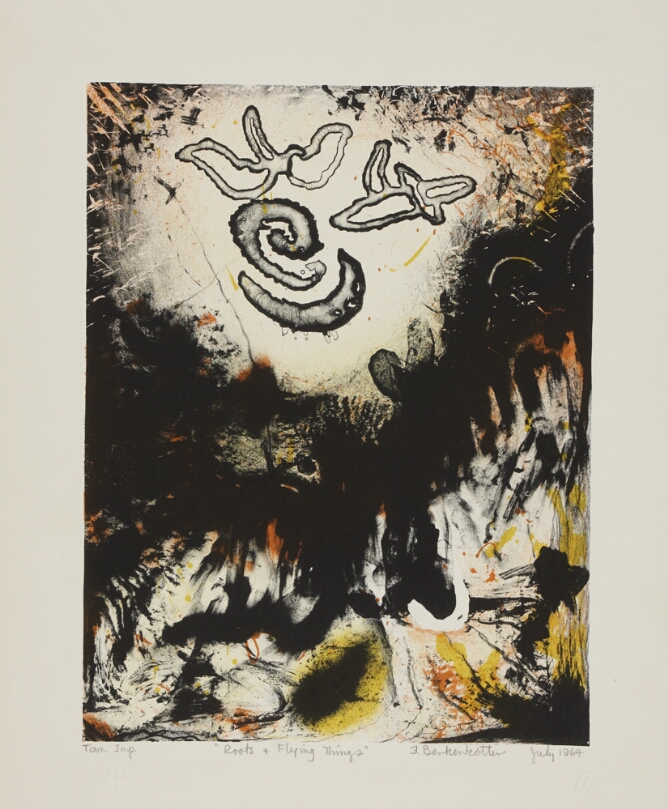An abstract print of floating forms outlined in black above a blotchy area of black layered over yellow and orange drips and splatters