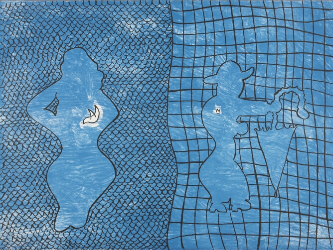 An abstract print of light blue silhouettes of two standing figures. One is with a bird against a black scallop patterned background, while the other holds a closed umbrella against a grid patterned background