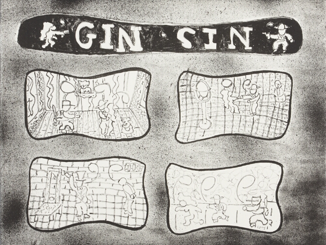A black and white abstract print with text that reads GIN SIN above four scenes arranged in two rows of two square-like shapes showing figures doing various activities