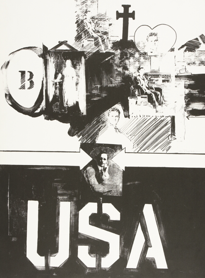 A black and white abstract print showing a cluster of images including figures, a cross, heart, the letter B and arrows pointing to a central portrait of a man with text below that reads USA