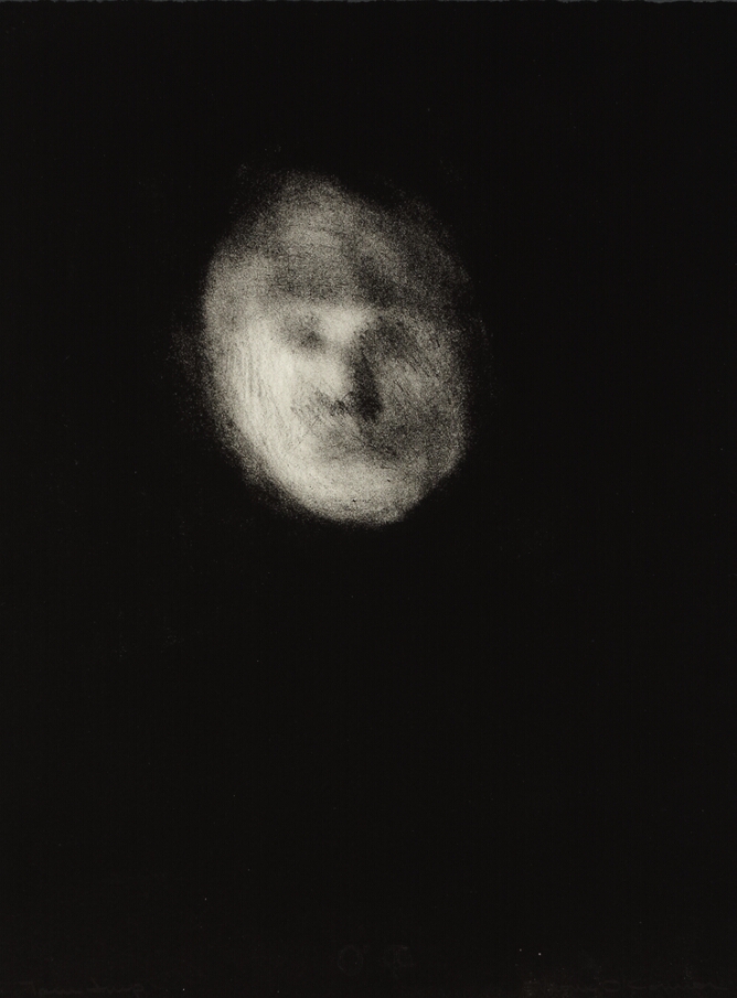 An abstract print of a white and gray blurry face against a black background