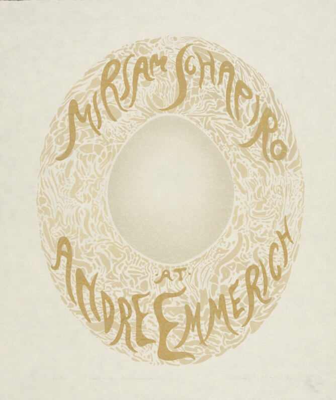 An abstract print of a gray egg shape with a tan patterned oval border. Stylized text above the egg shape reads MIRIAM SCHAPIRO and ANDRE EMMERICH at the bottom