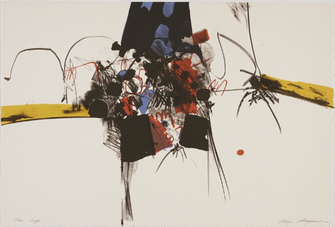 An abstract print showing a cluster of red, black and blue shapes and scribbles between a connecting yellow bar to the viewer's left and a separated yellow bar to the right