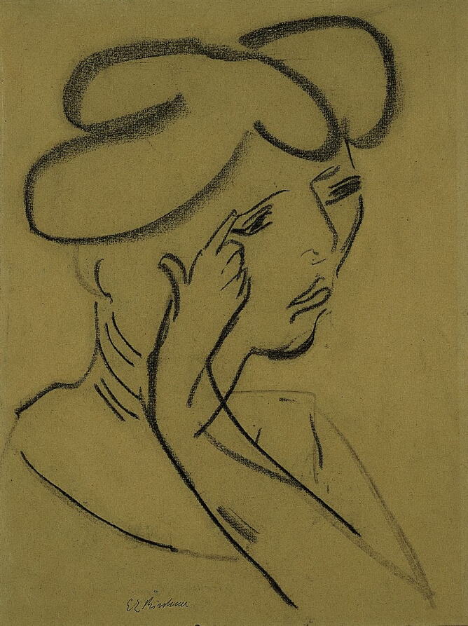 A black and white, abstract drawing of a woman in three-quarter view, shown from the chest up, with her left hand touching her right eye