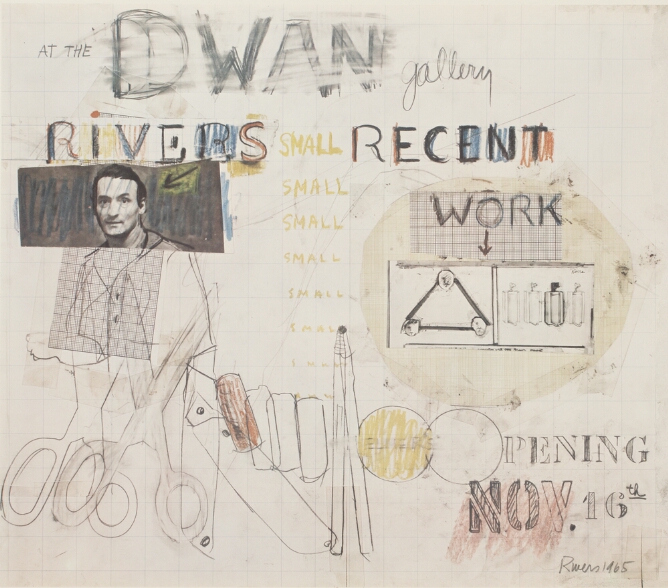 A color print of a Larry Rivers exhibition announcement at the Dwan Gallery featuring a cutout illustration of a man's head layered over half a body with two scissors standing pointed side up