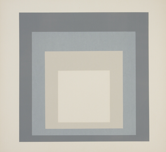 An abstract print of nested squares in shades of gray, transitioning from a darker gray on the outer square to white at the center