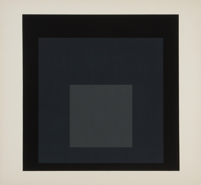 An abstract print of nested squares transitioning from black on the outer square, to dark gray and then to medium gray at the center