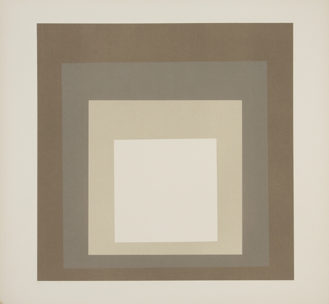 An abstract print of nested squares transitioning from light brown on the outer square, to gray, to light gray and then to white at the center