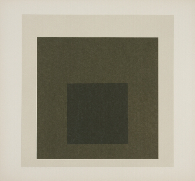 An abstract print of nested squares transitioning from a light tan on the outer square, to dark greenish-gray and then to dark gray at the center