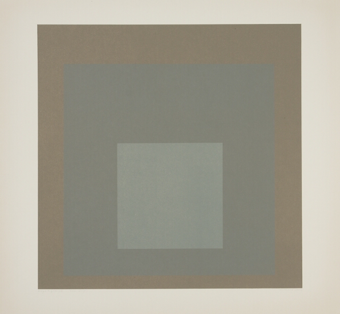 An abstract print of nested squares transitioning from taupe or brownish-gray on the outer square, to medium gray and then to light gray at the center