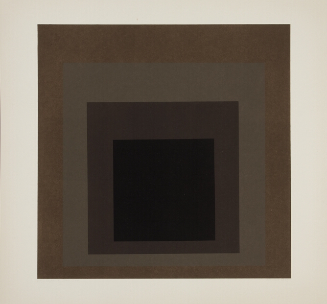 An abstract print of nested squares transitioning from medium brown on the outer square, to lighter brown, to dark brown and then to black at the center