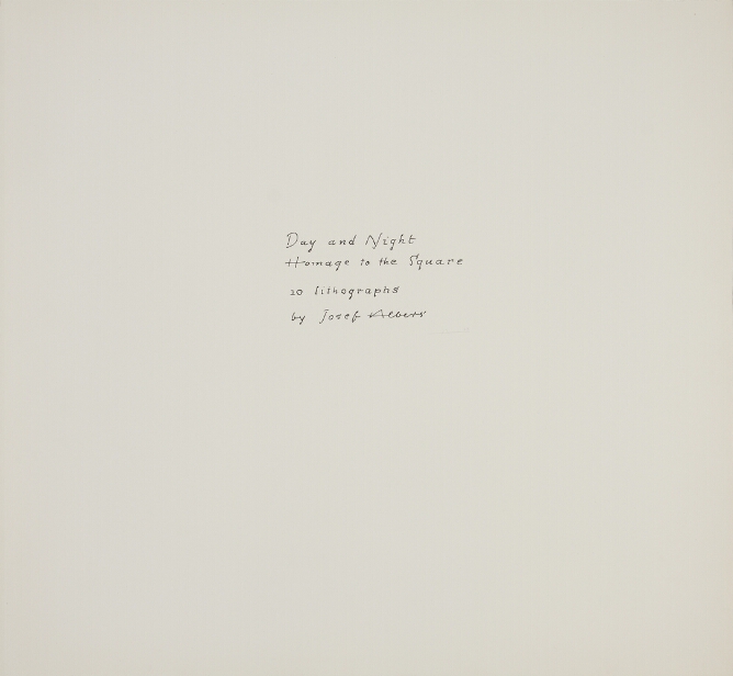 A black and white print of small handwritten text in the center that reads Day and Night, Homage to the Square, 10 Lithographs, by Josef Albers