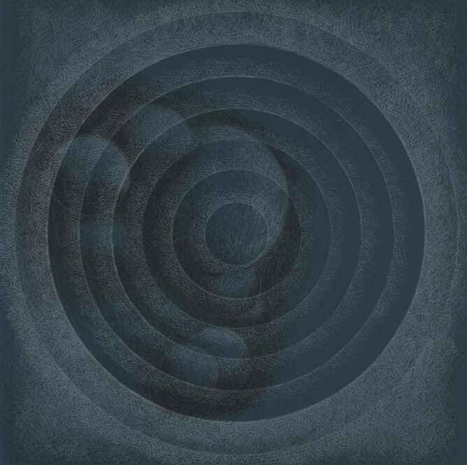 An abstract print of dark teal or greenish-blue concentric circles over a cluster of dark teal spheres with black shading