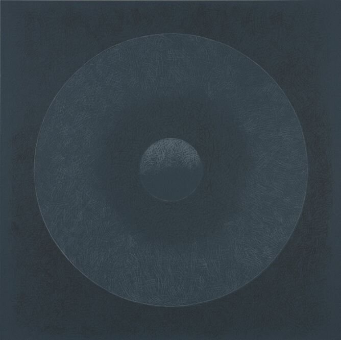 An abstract print of a small dark teal or greenish-blue circle with white cross-hatching in the middle of a larger teal circle, against a darker teal background