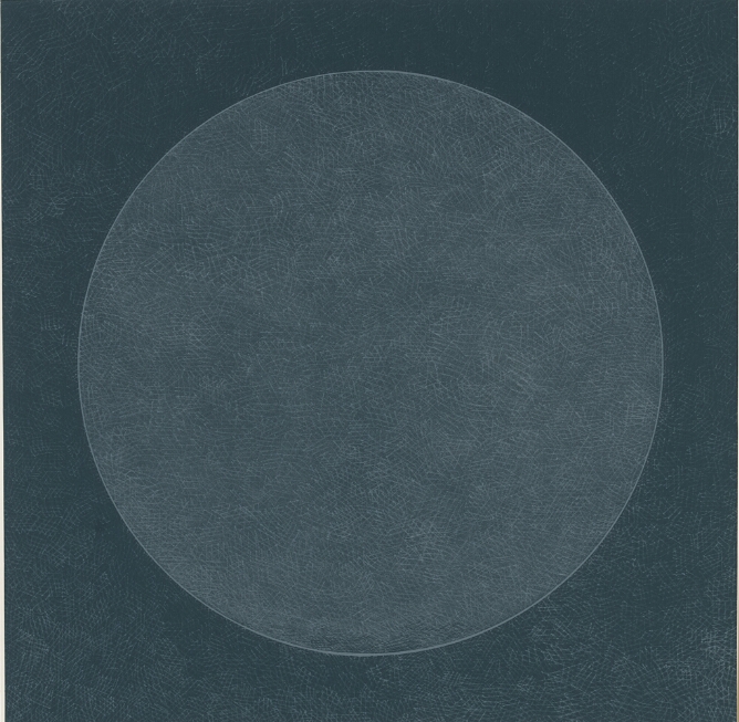 An abstract print of a large translucent white circle with faint white cross-hatching marks against a dark teal or greenish-blue background