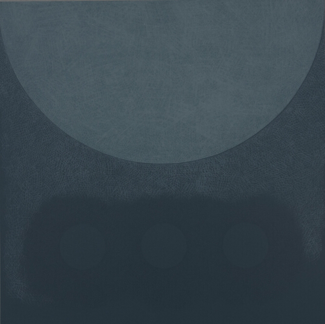 An abstract print of a gray semicircle, curved side down, above a darker teal area with three faint circles in a row, against a dark teal or greenish-blue background