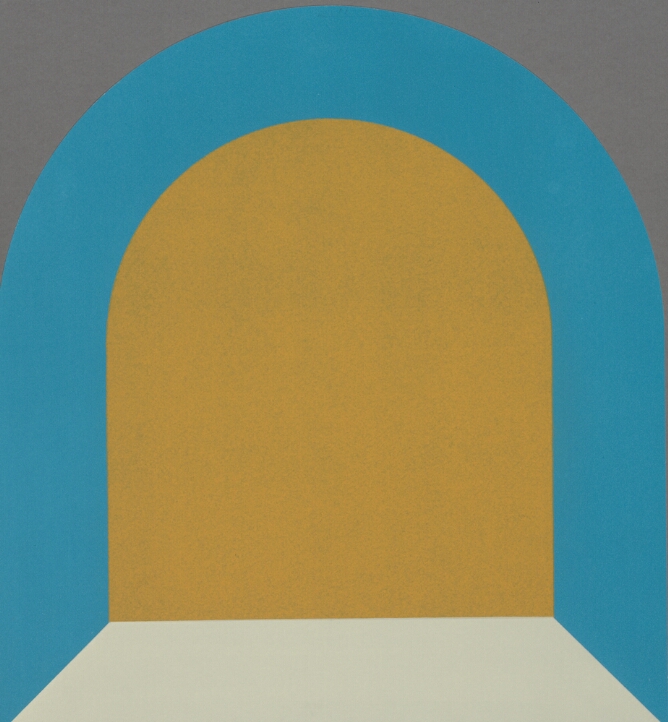 An abstract print of a yellowish-orange arch on a light gray base, framed by a bright blue arch and gray upper corners